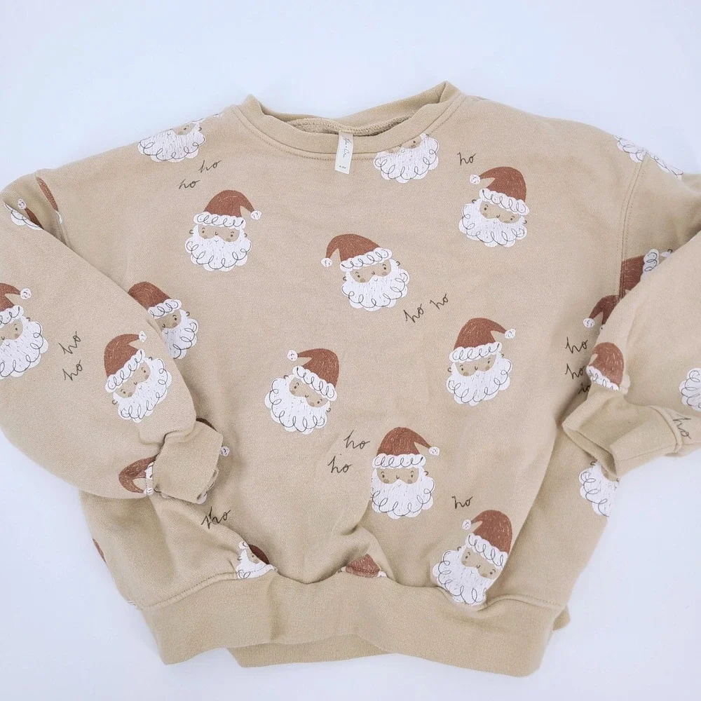 Rylee + Cru Santa Ho Ho Ho‎ Sweatshirt Sand Neutral Holiday Christmas 4-5Y